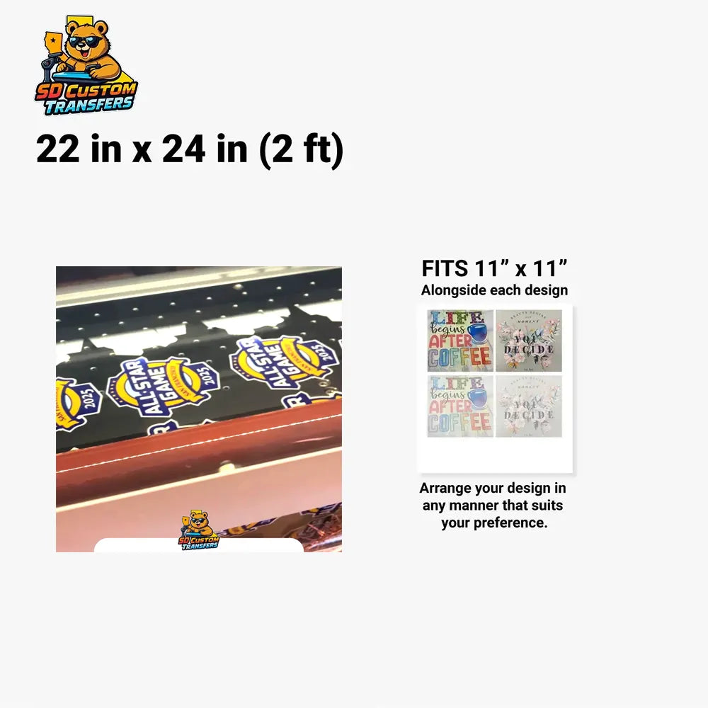 22 x 24 inch transfer sheet with SD Custom Transfers logo and text about size and design arrangement.