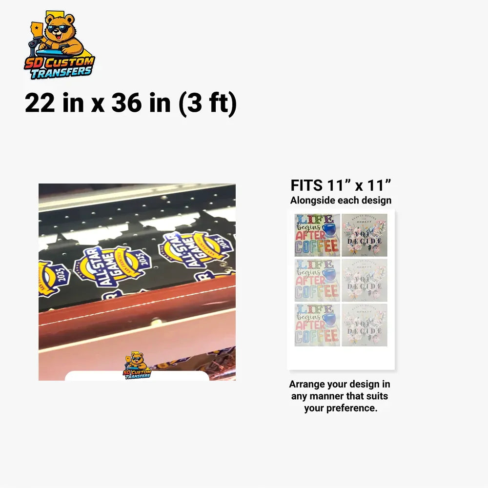 22 x 36 inch uv dtf sheet with design examples on a white background