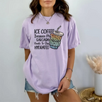 Model wearing a lavender t-shirt with UV DTF print that reads 'Ice Coffee Because My Sarcasm Needs To Stay Hydrated,' featuring a colorful leopard print iced coffee graphic, casual summer outfit.