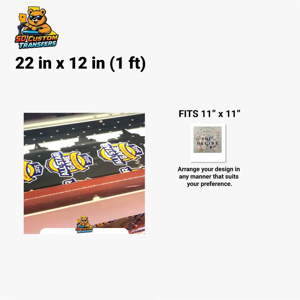 UV dtf sheet with dimensions and branding on a white background