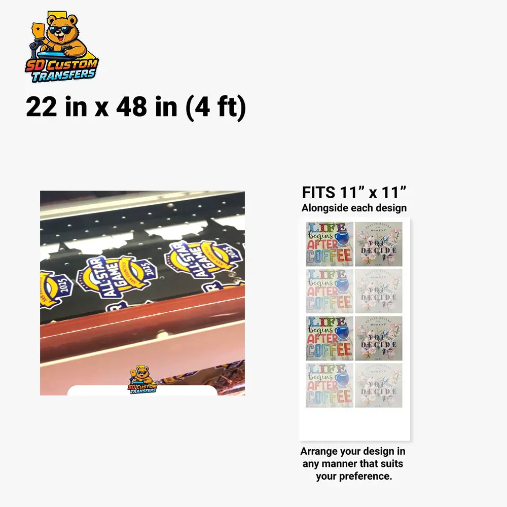 Product description for uv dtf roll with dimensions and design arrangement instructions.