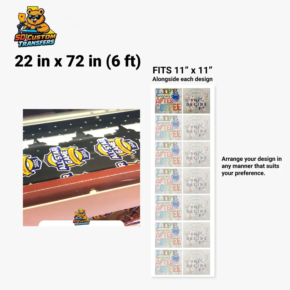 SD Custom Transfers roll of uv dtf with multiple design samples on a white background